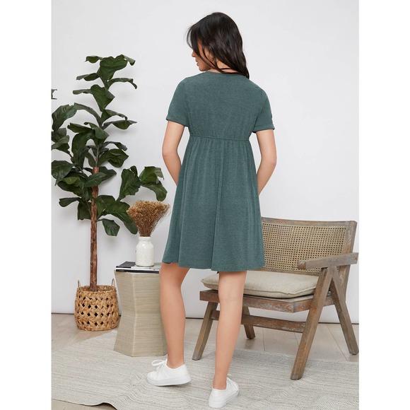 Maternity short sleeve Knot Waist mini Dress olive green - Picture 5 of 12